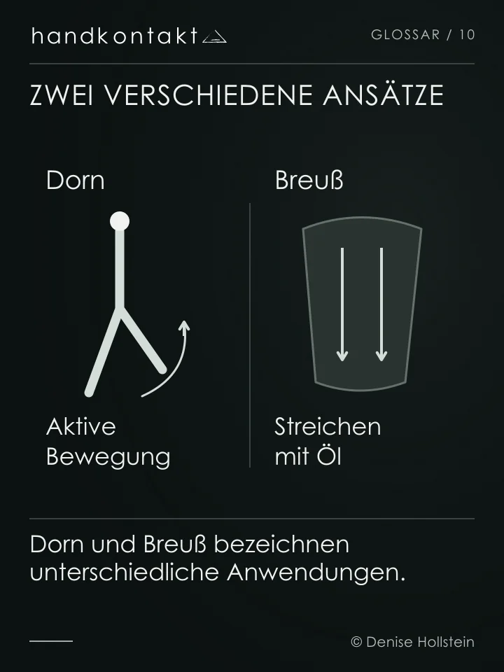 Dorn verbindet manuelle Arbeit mit aktiver Bewegung. Breuß arbeitet mit ruhigen Streichungen und Öl am Rücken. Ein Einrenken oder eine Bandscheibenregeneration wird nicht dargestellt.