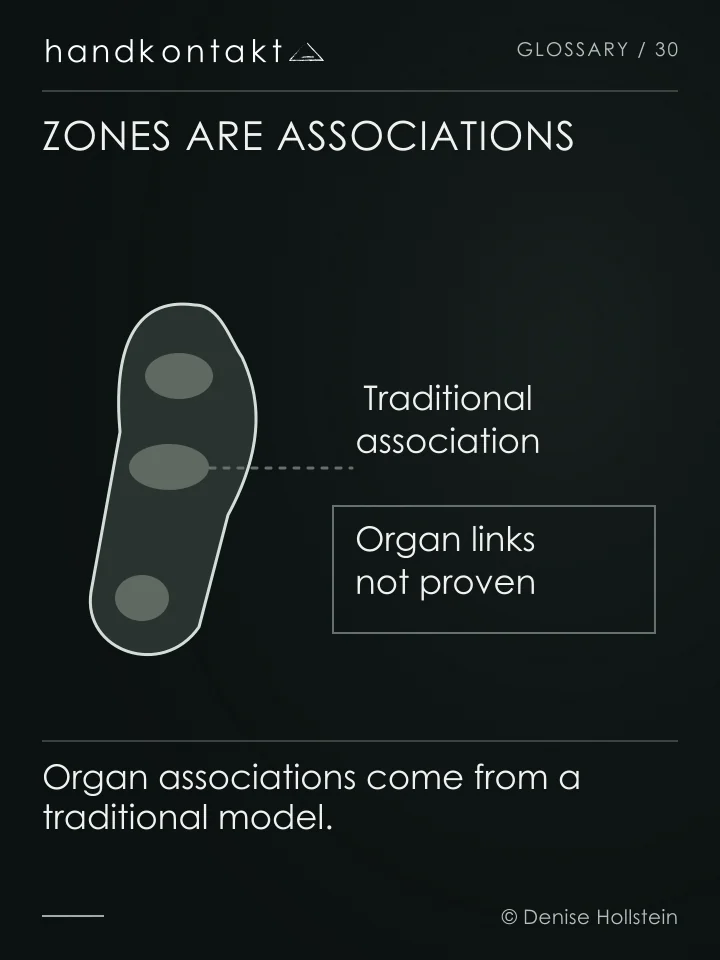 A foot outline shows symbolic contact zones. A dashed connection to a model field is explicitly not an established pathway to an organ.