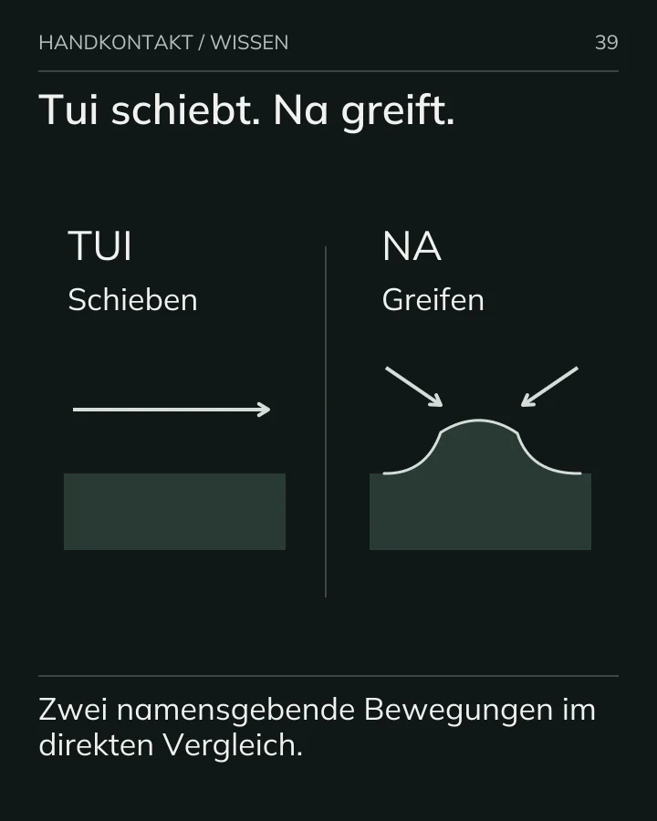 Ein seitlicher Pfeil zeigt Tui als Schieben; aufeinander zulaufende Pfeile zeigen Na als Greifen. Tuina umfasst weitere Techniken.