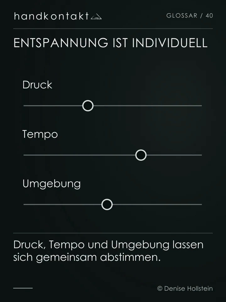 Drei unabhängige Regler stehen für Druck, Tempo und Umgebung. Es gibt keine feste Einstellung, die bei jedem Menschen Entspannung garantiert.